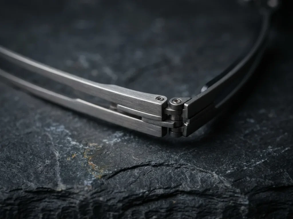 Macro close-up of an ultra-thin titanium folding sunglasses hinge