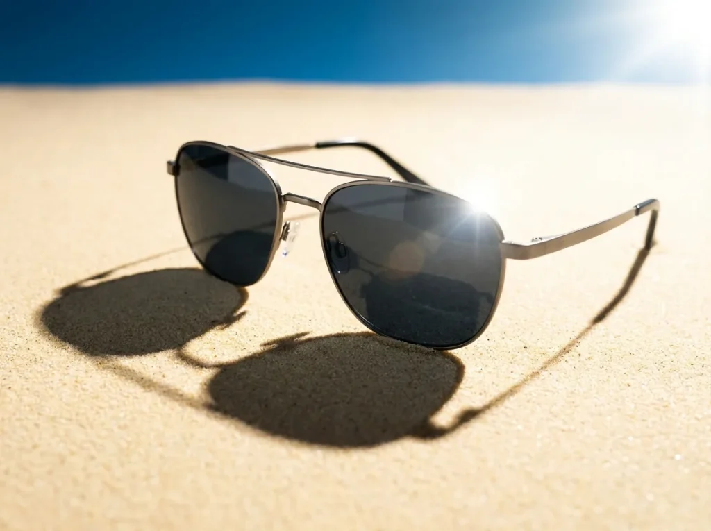 Gepolariseerde zonnebril met UV400-bescherming in fel zonlicht op het strand